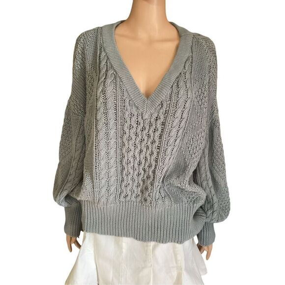 Vintage Gray V-Neck Chunky Knit Oversized  Sweater - Picture 1 of 7